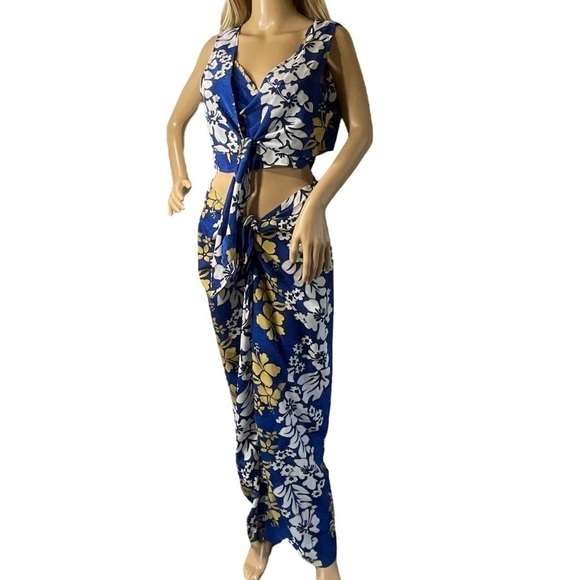 Hawaiian 3 Piece Set Pants Bra Top Floral Wrap Blue White‎ Size 12 Vintage - Picture 3 of 13